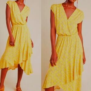 Maeve Small yellow print faux wrap dress. small